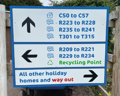 Example wayfinding signage pointing towards various accommodation numbers